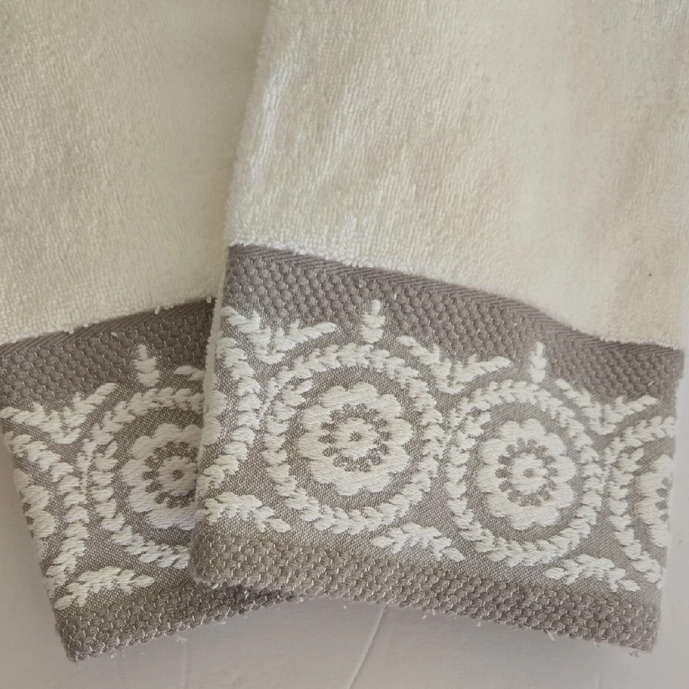 Two Elegant White and Gray Embroidered Bath Hand Towels